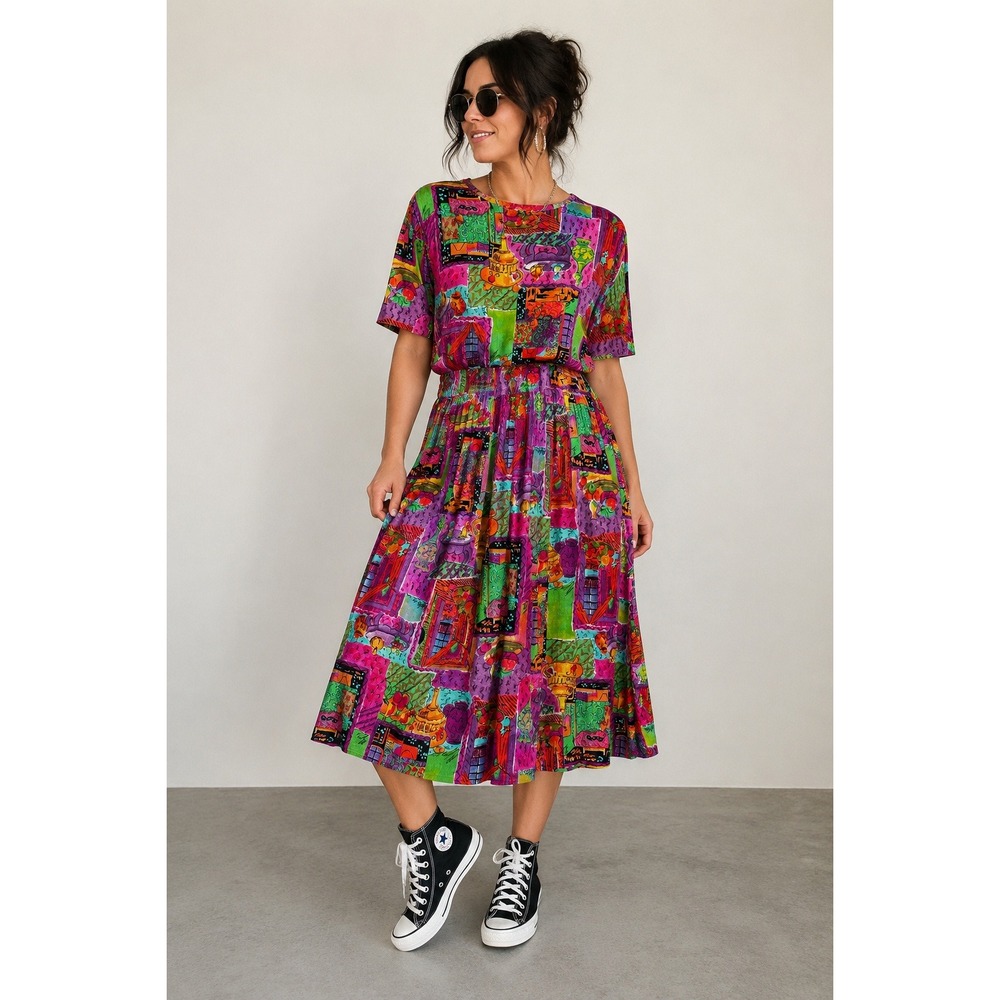 Carole Little 90s Skirt Set Novelty Print Boho Maximalist Rayon Gauze 12